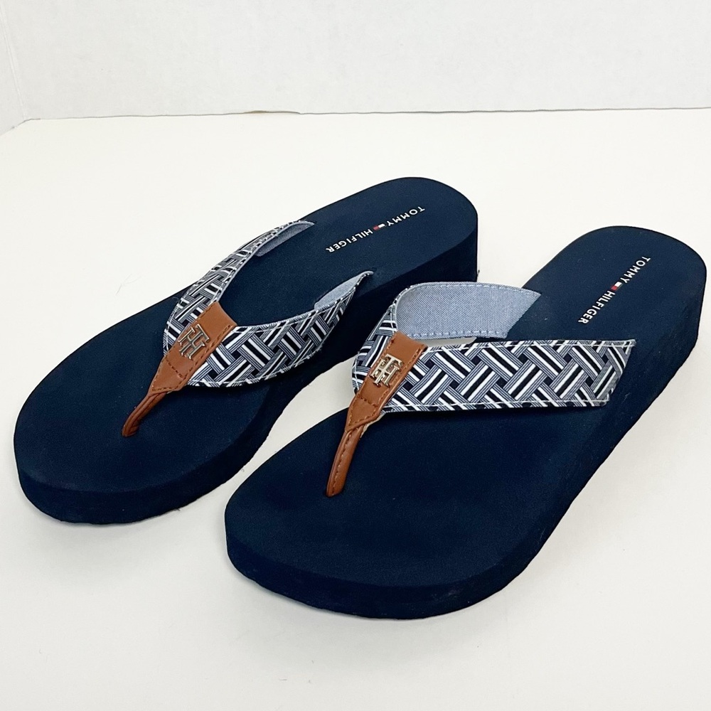 Tommy Hilfiger Blue and Brown Low Wedge Heeled Flip Flop Sandals